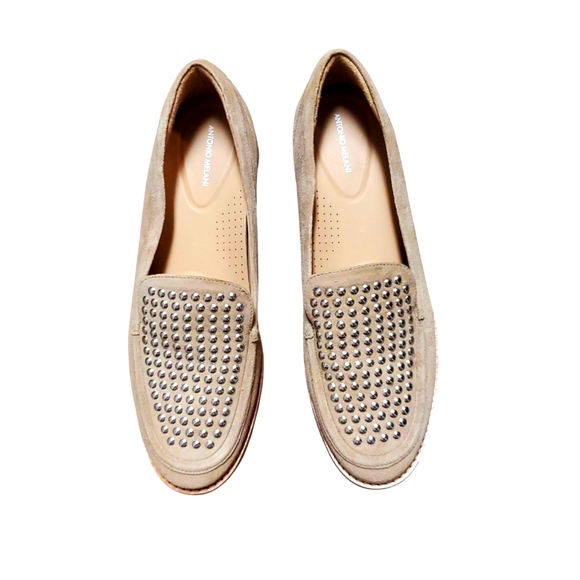 ANTONIO MELANI Shoes - Antonio Melani Womens Tan Suede Silver Studded Loafers Size 10 NWOB